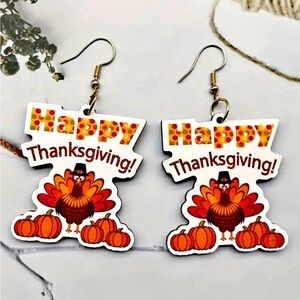 NWT Vintage Style Happy Thanksgiving Earrings Autumn Themed Drop & Dangle Wood